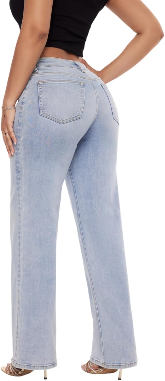 Wide Leg for Women Mid Low Rise Baggy Jeans BBL Jeans Stretchy Bottom Lady Basic Comfortable Denim