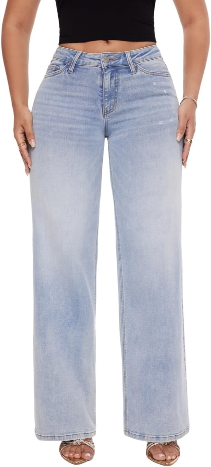 Wide Leg for Women Mid Low Rise Baggy Jeans BBL Jeans Stretchy Bottom Lady Basic Comfortable Denim