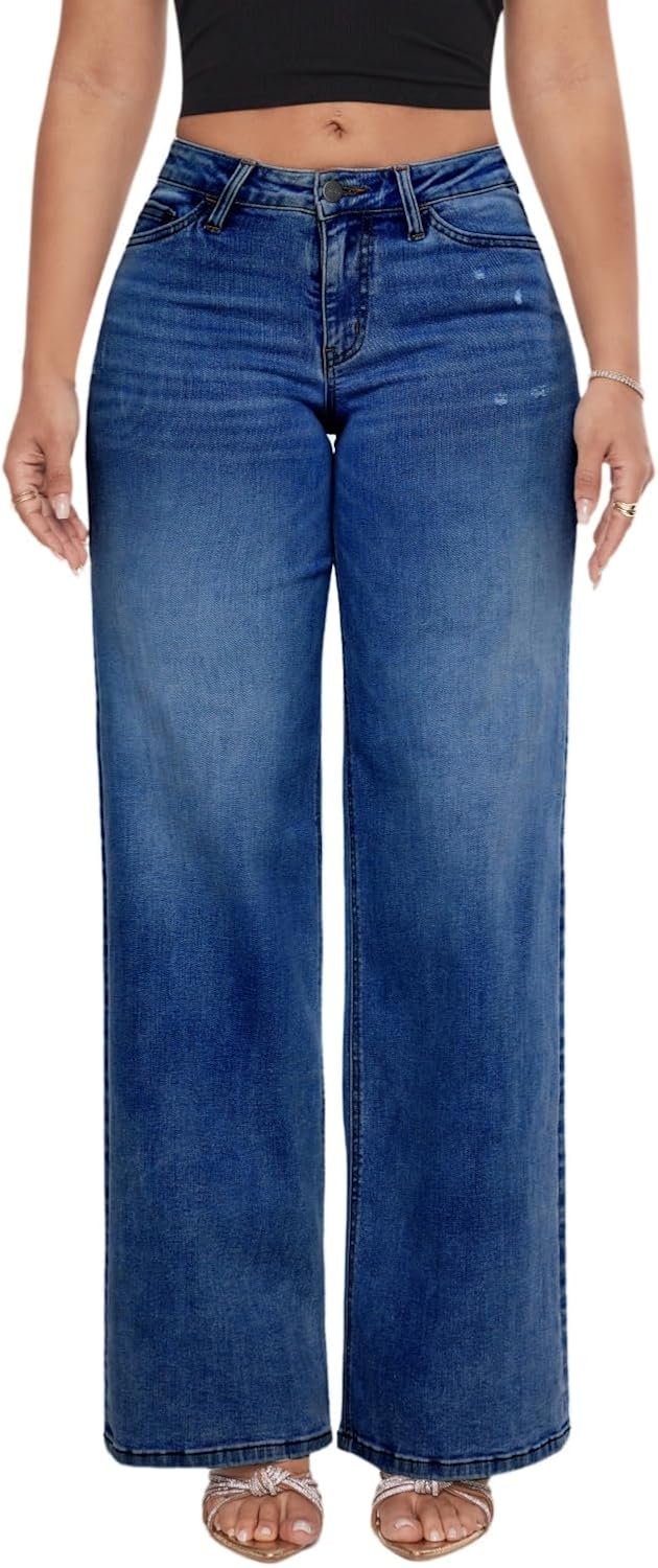 Wide Leg for Women Mid Low Rise Baggy Jeans BBL Jeans Stretchy Bottom Lady Basic Comfortable Denim