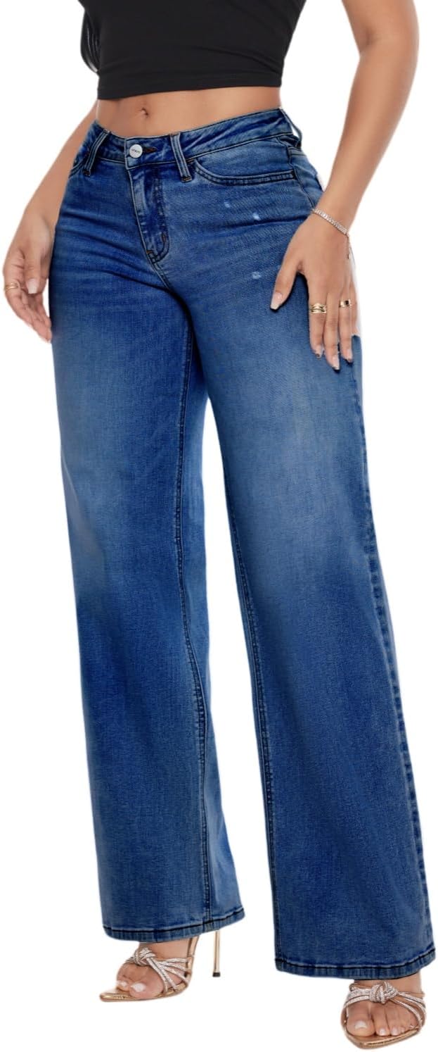 Wide Leg for Women Mid Low Rise Baggy Jeans BBL Jeans Stretchy Bottom Lady Basic Comfortable Denim