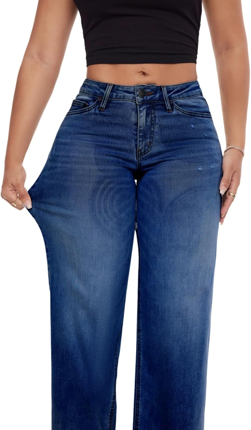 Wide Leg for Women Mid Low Rise Baggy Jeans BBL Jeans Stretchy Bottom Lady Basic Comfortable Denim