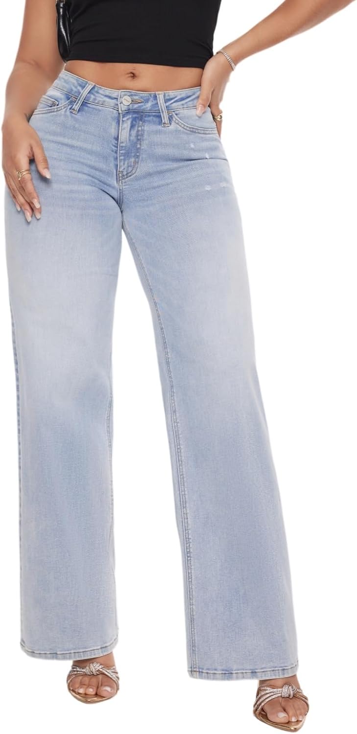 Wide Leg for Women Mid Low Rise Baggy Jeans BBL Jeans Stretchy Bottom Lady Basic Comfortable Denim