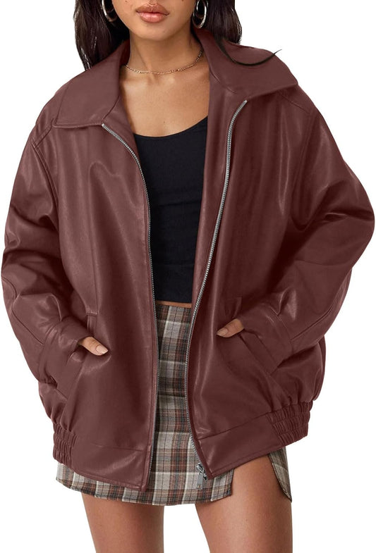 Womens Oversized Leather Jackets Faux Suede Fall Fashion Motorcycle Coats Winter Outfits Clothes Y2k Tops