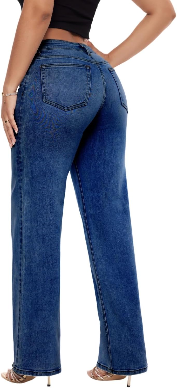 Wide Leg for Women Mid Low Rise Baggy Jeans BBL Jeans Stretchy Bottom Lady Basic Comfortable Denim