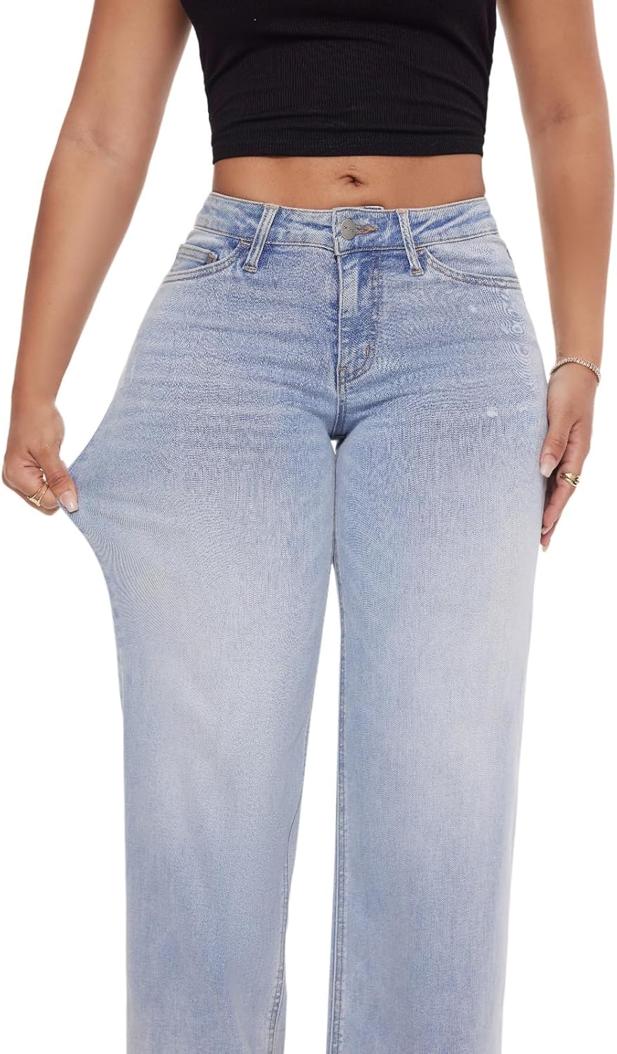 Wide Leg for Women Mid Low Rise Baggy Jeans BBL Jeans Stretchy Bottom Lady Basic Comfortable Denim