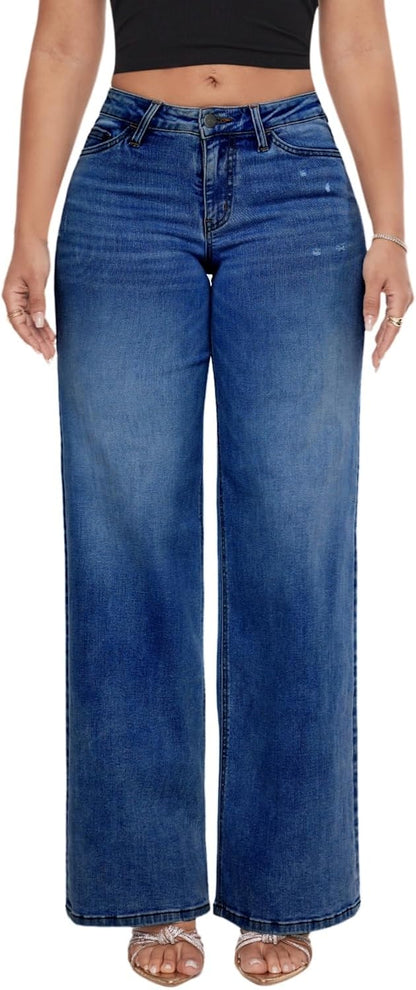 Wide Leg for Women Mid Low Rise Baggy Jeans BBL Jeans Stretchy Bottom Lady Basic Comfortable Denim