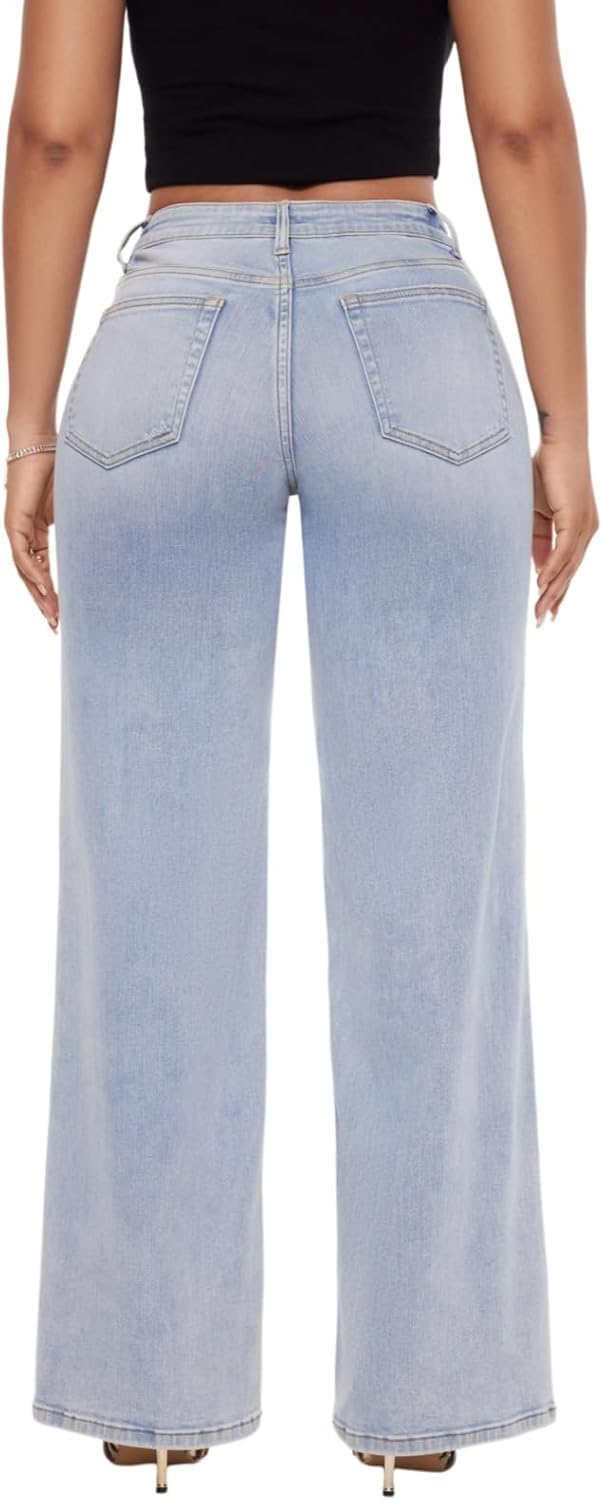 Wide Leg for Women Mid Low Rise Baggy Jeans BBL Jeans Stretchy Bottom Lady Basic Comfortable Denim