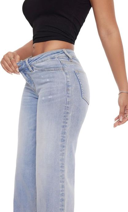 Wide Leg for Women Mid Low Rise Baggy Jeans BBL Jeans Stretchy Bottom Lady Basic Comfortable Denim