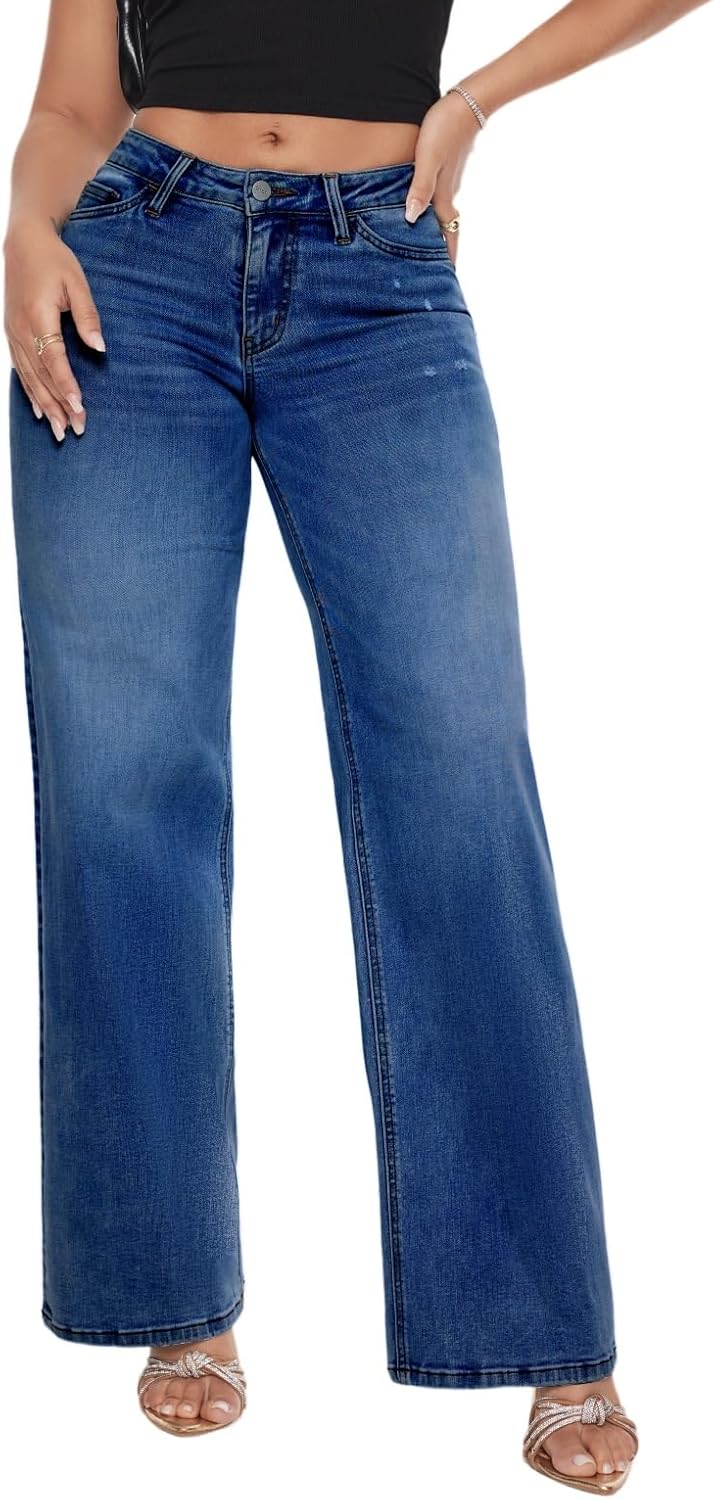 Wide Leg for Women Mid Low Rise Baggy Jeans BBL Jeans Stretchy Bottom Lady Basic Comfortable Denim